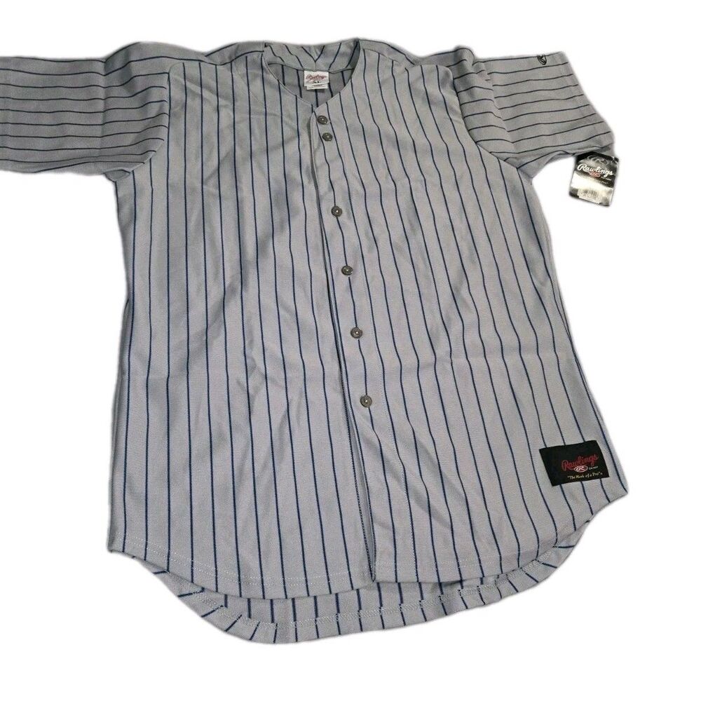 Rawlings Adult XL Gray Blue Pinstripe Baseball Jersey Vintage Button Front Blank